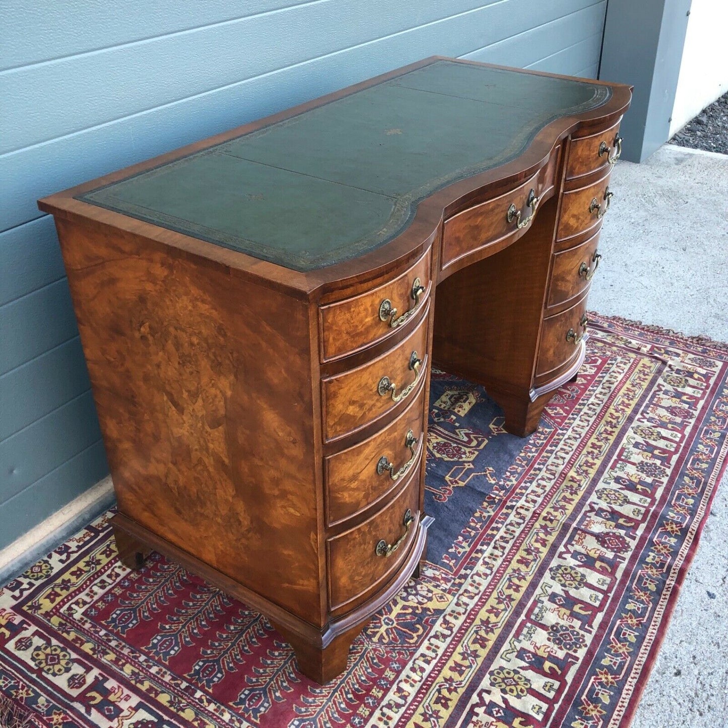 Handsome Vintage Figured Walnut Desk / Reprodux Nine Drawer Desk ( SOLD )