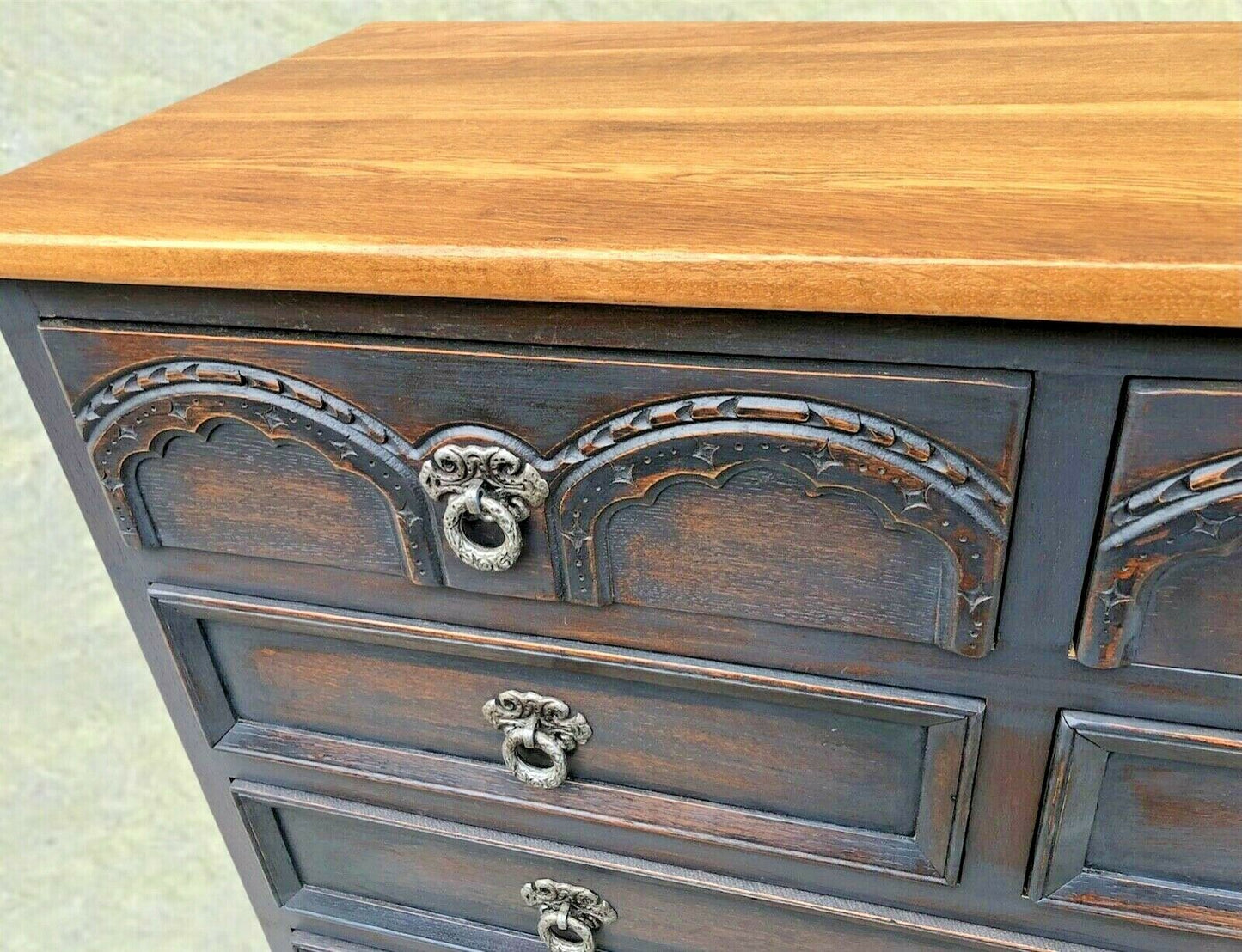 Gothic Style Oak Chest Of Drawers By Old Charm ( SOLD )