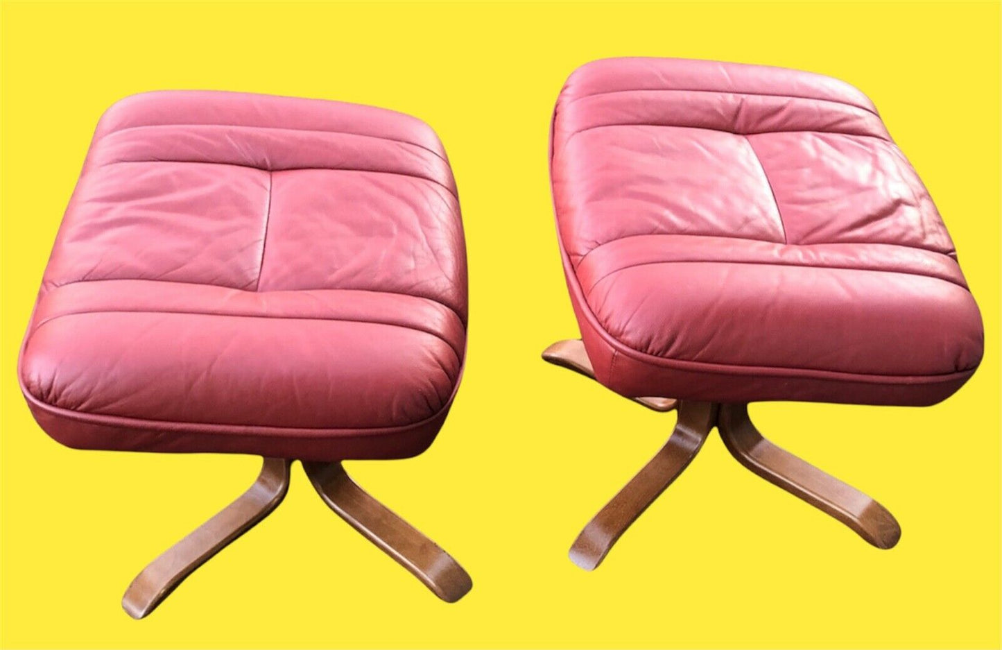 Stunning Pair Of Red Leather Reclining Armchairs With Matching Stools ( SOLD )