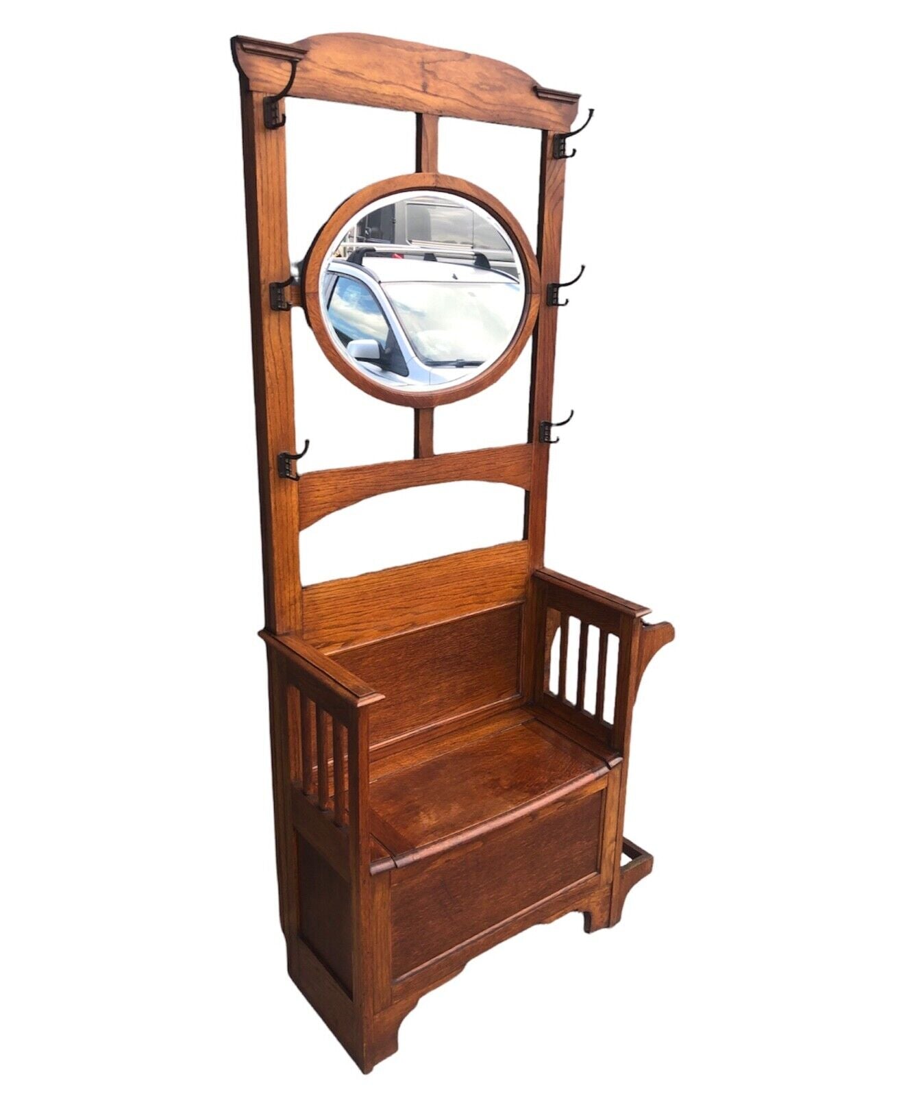 000939....Arts And Crafts Vintage Oak Hall Stand With Lift Up Seat