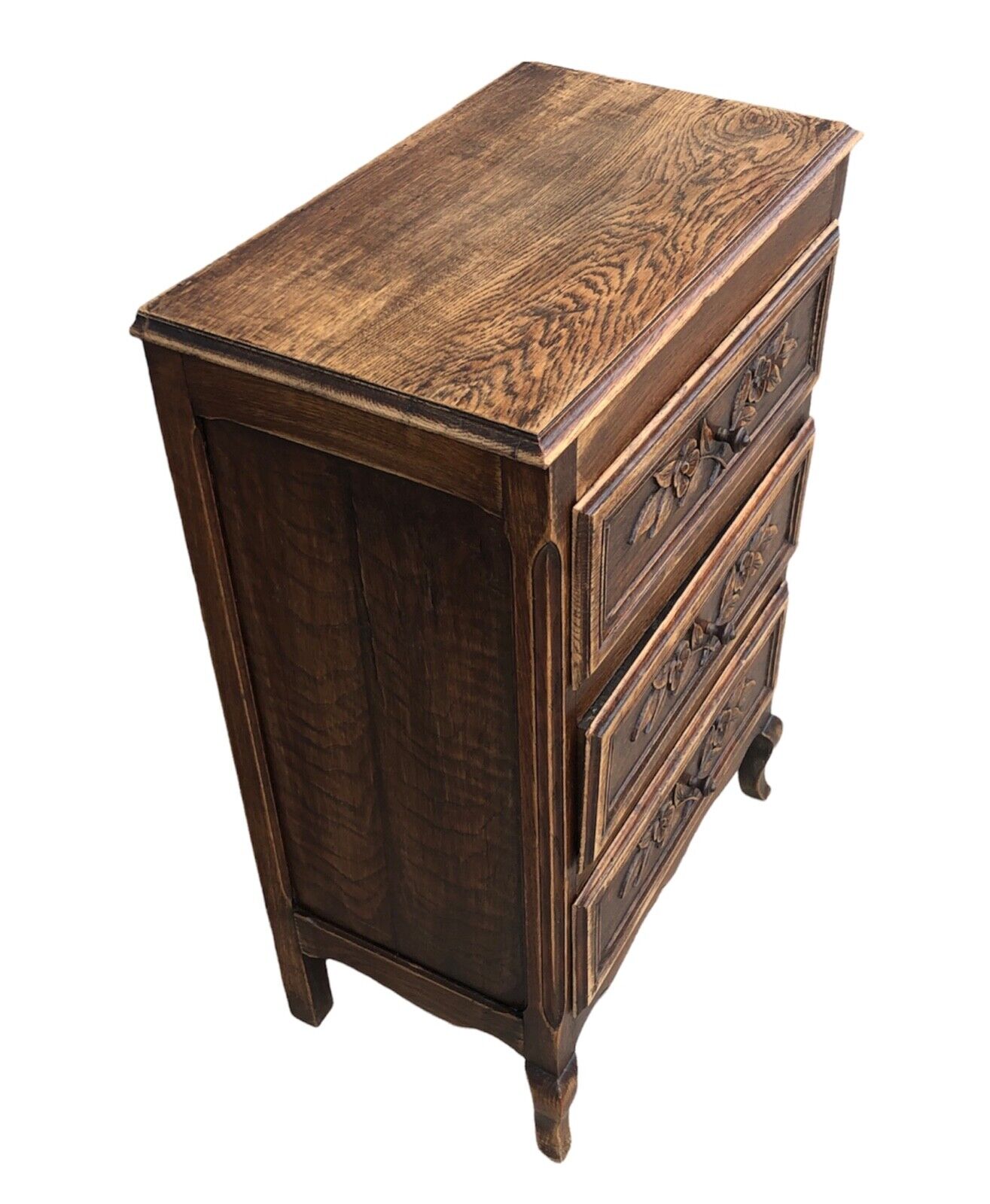 000931....Handsome French Solid Oak Carved Small Chest / Bedside Table ( sold )
