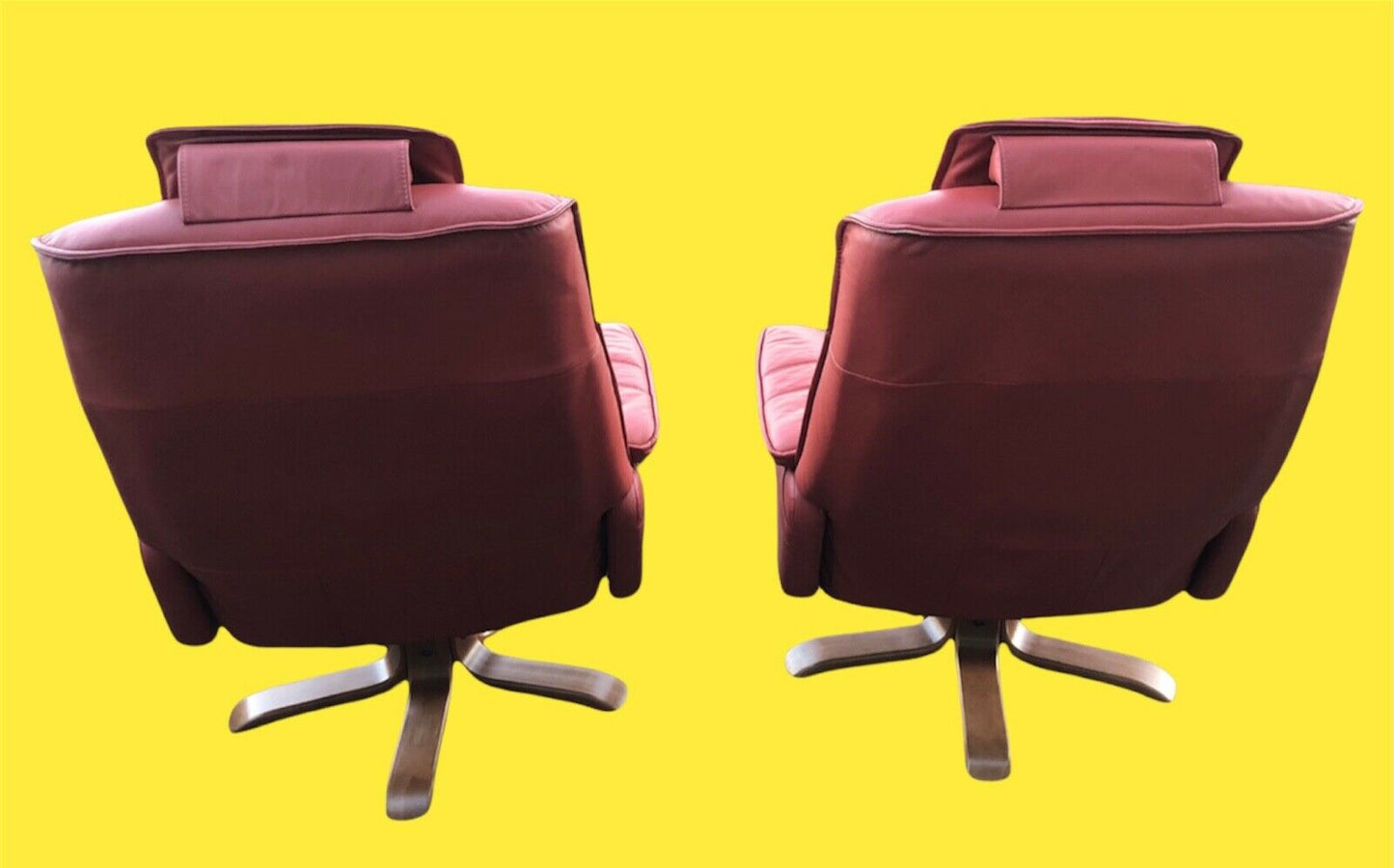Stunning Pair Of Red Leather Reclining Armchairs With Matching Stools ( SOLD )