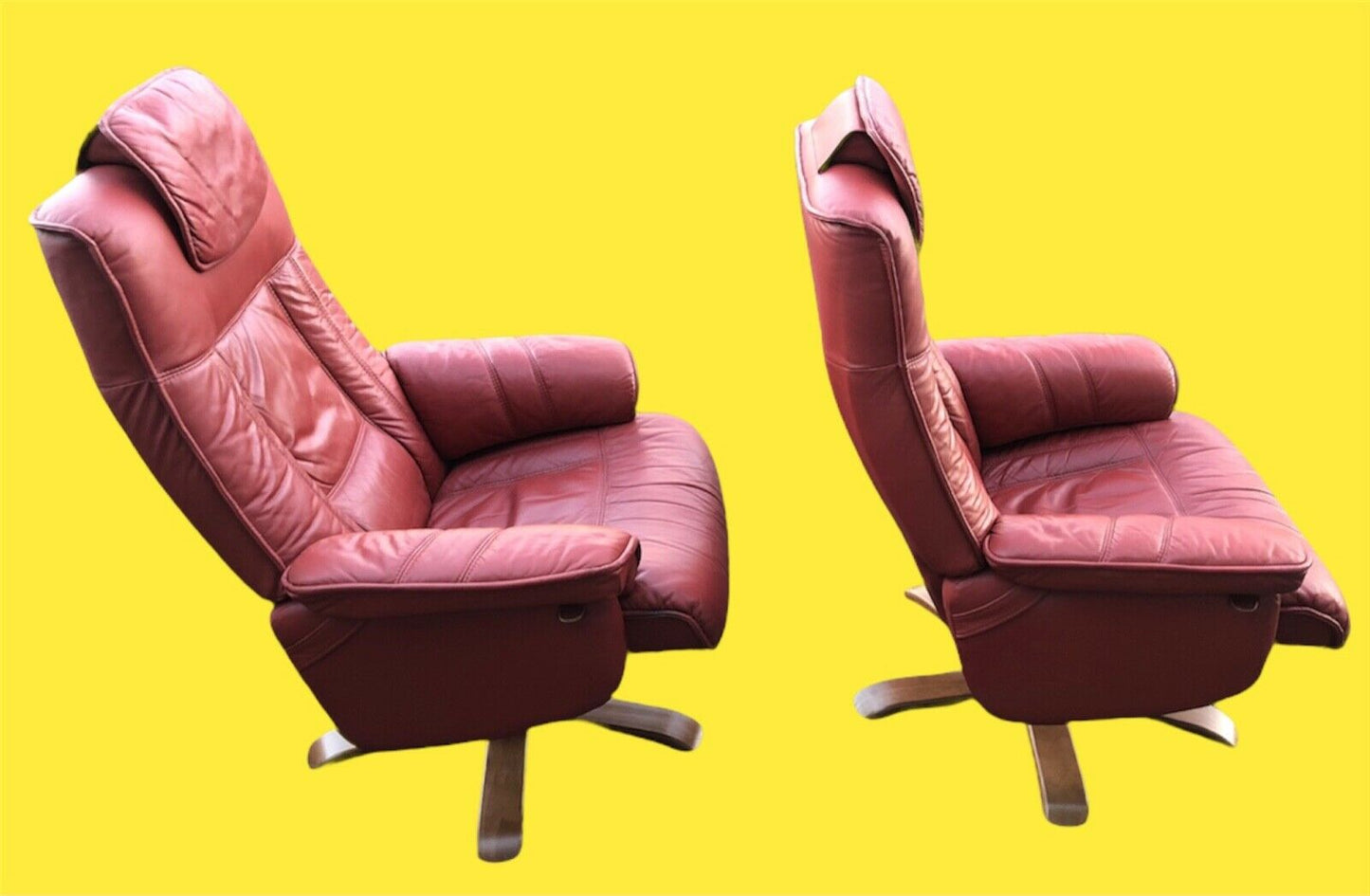 Stunning Pair Of Red Leather Reclining Armchairs With Matching Stools ( SOLD )