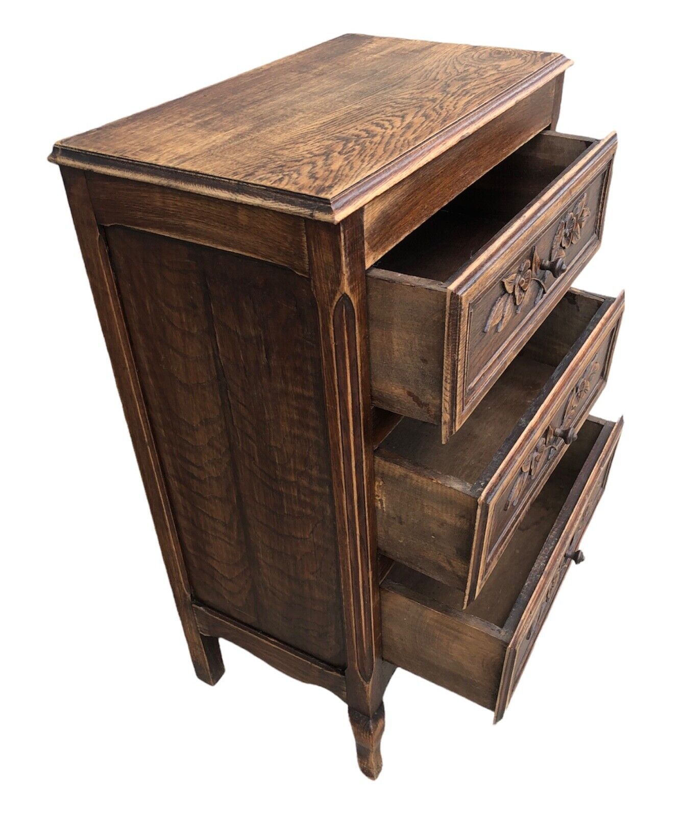 000931....Handsome French Solid Oak Carved Small Chest / Bedside Table ( sold )
