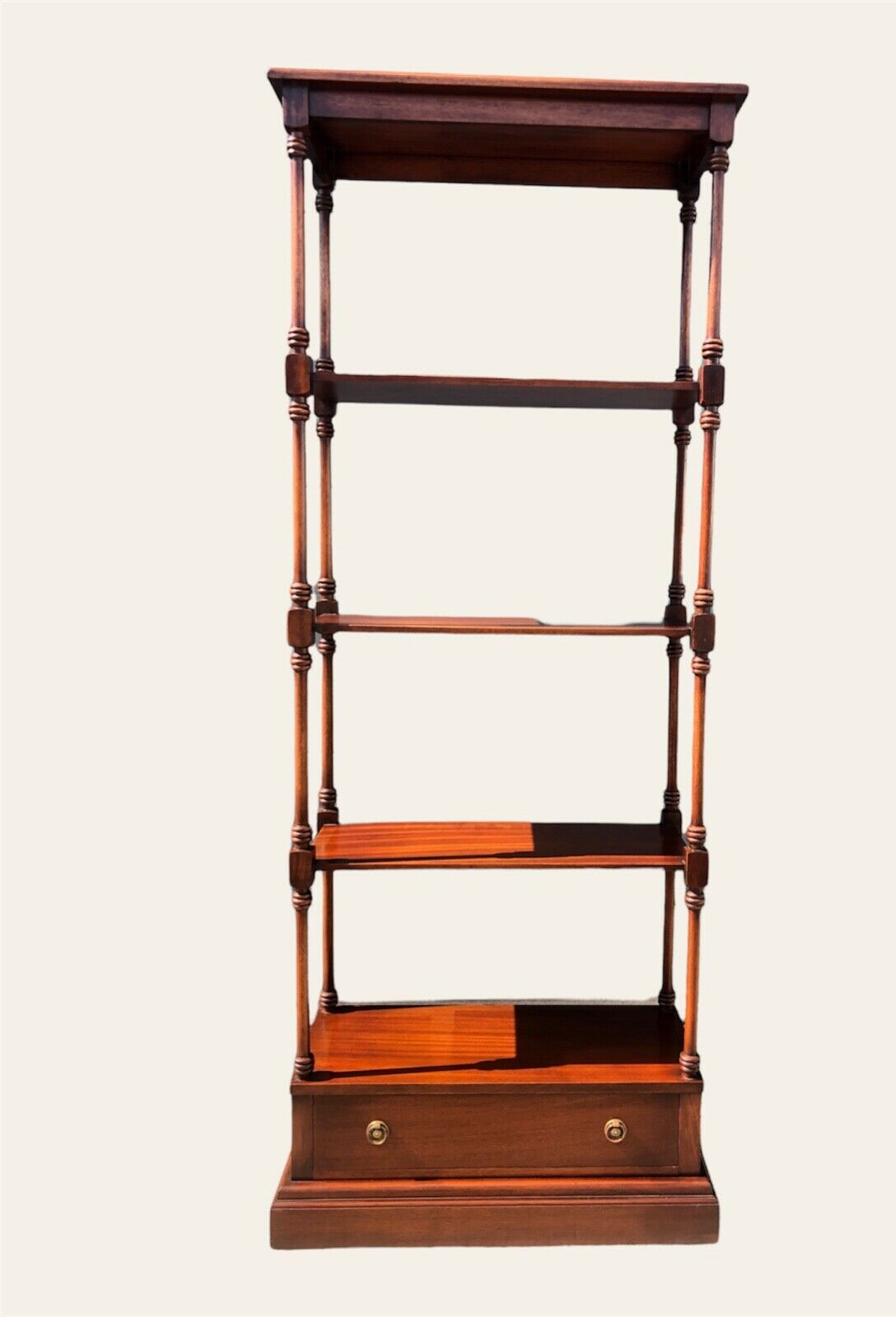 000975.....Vintage Reprodux Mahogany Shelving Unit With Drawer ( sold )