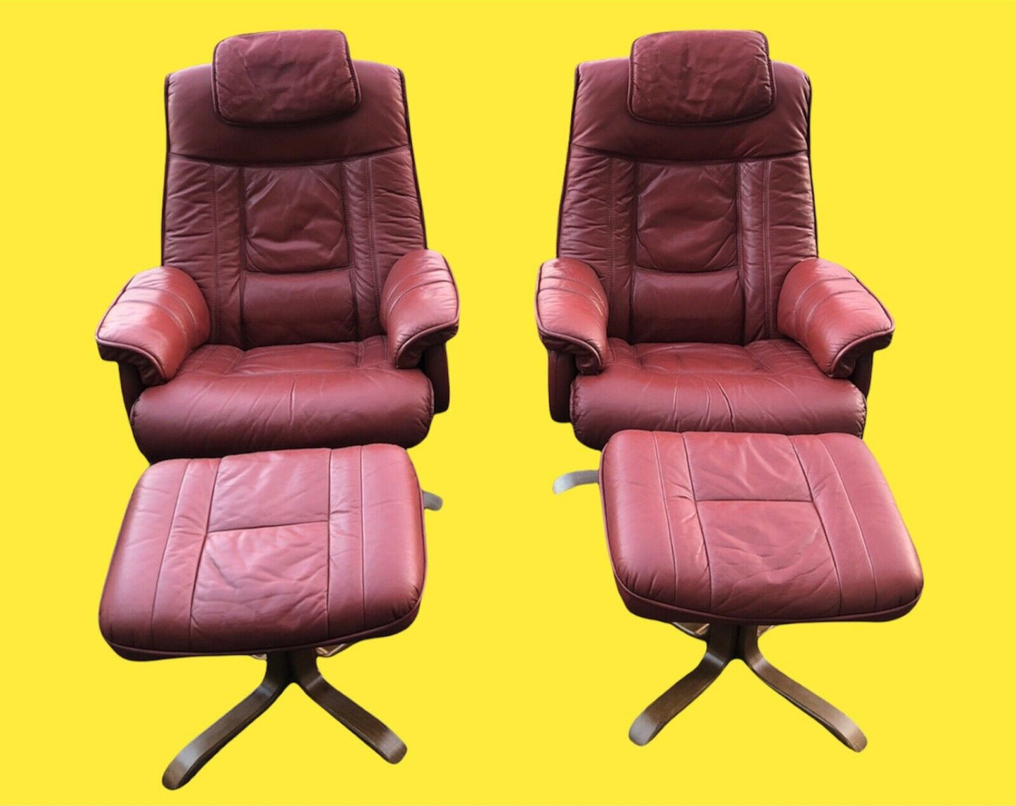 Stunning Pair Of Red Leather Reclining Armchairs With Matching Stools ( SOLD )