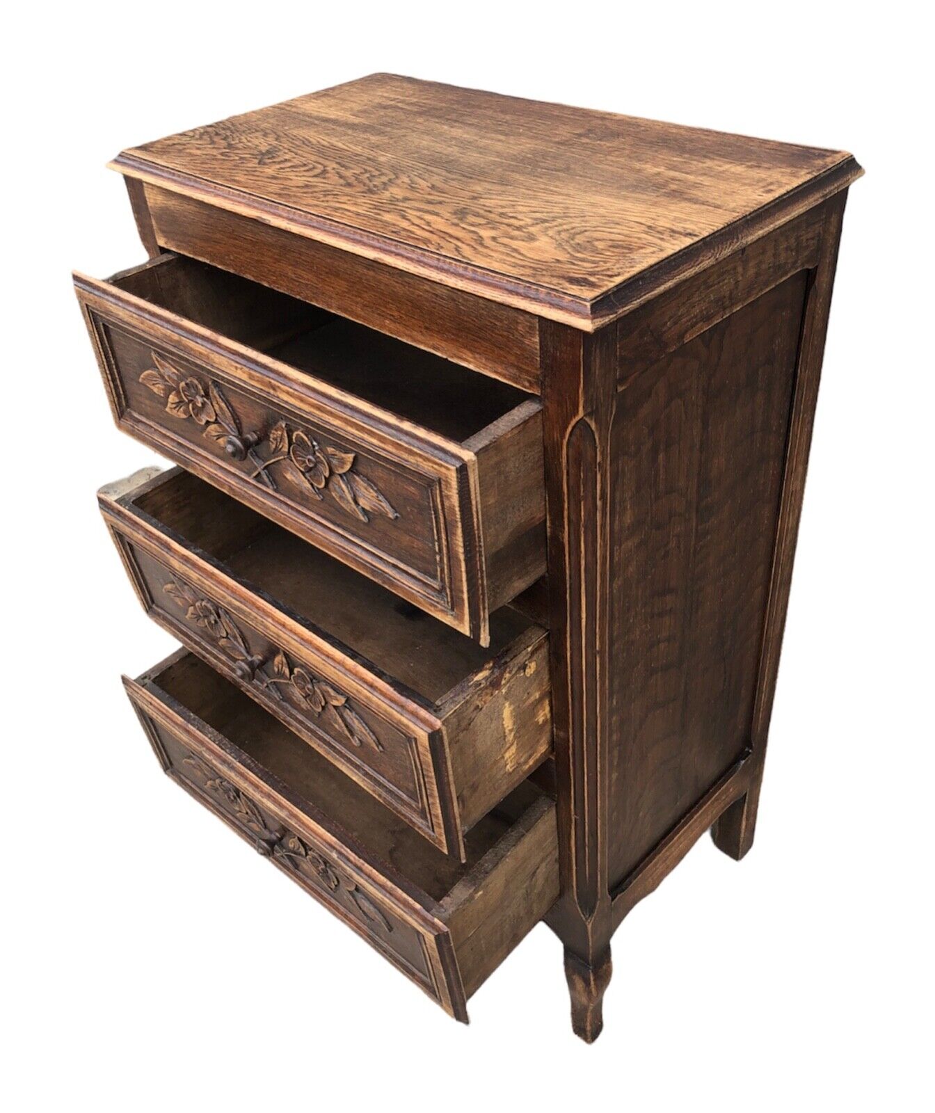 000931....Handsome French Solid Oak Carved Small Chest / Bedside Table ( sold )