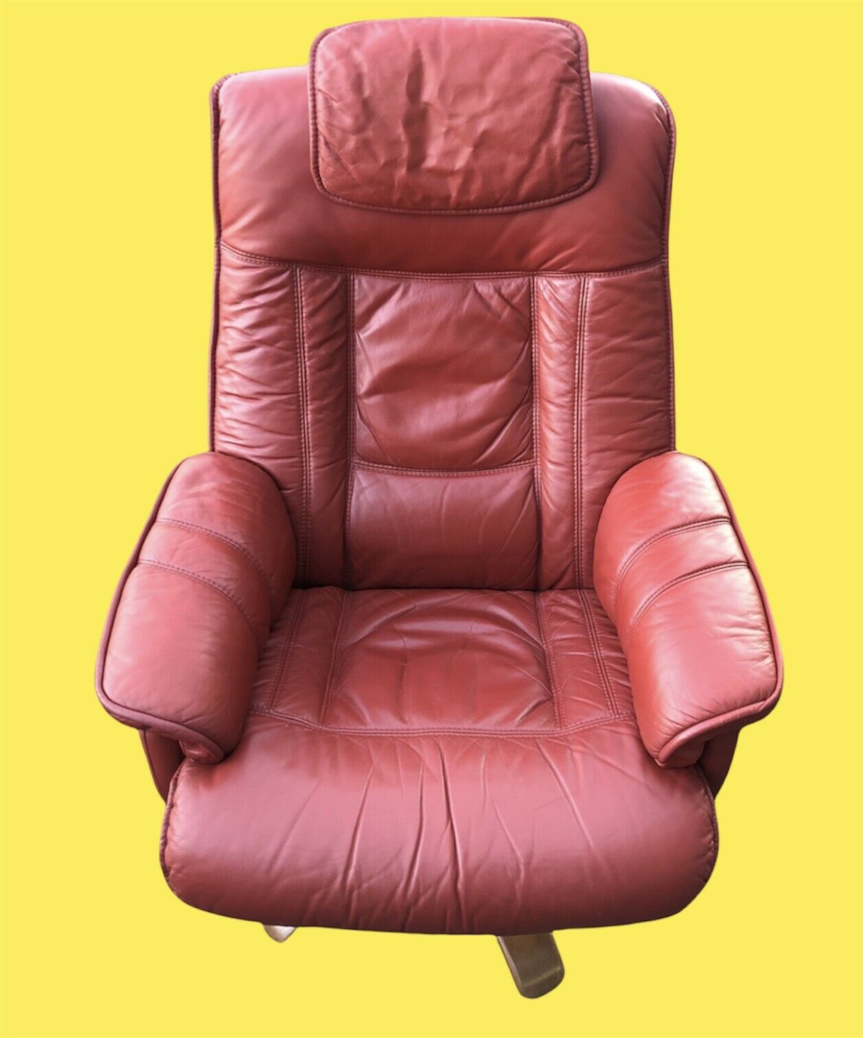 Stunning Pair Of Red Leather Reclining Armchairs With Matching Stools ( SOLD )