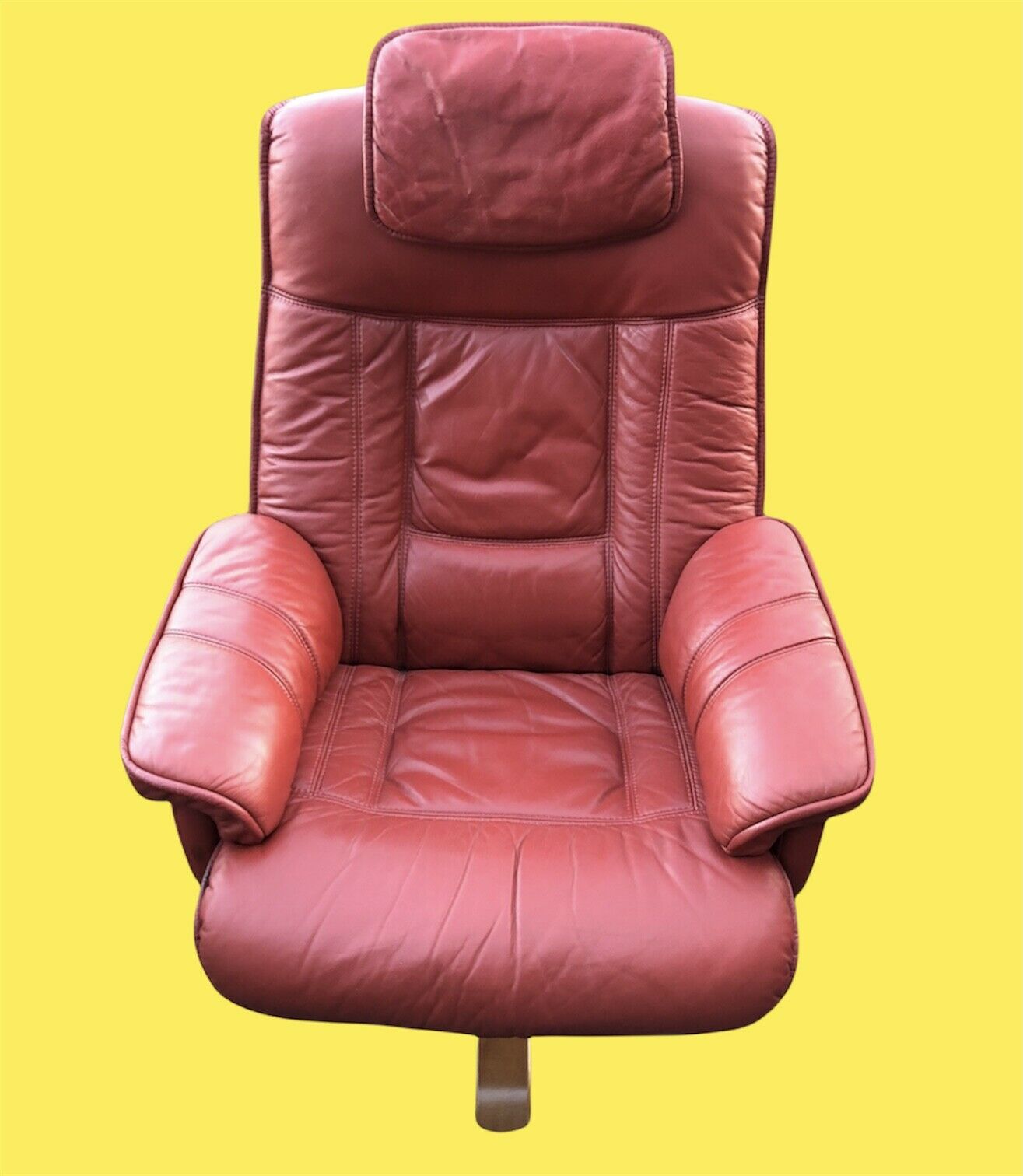 Stunning Pair Of Red Leather Reclining Armchairs With Matching Stools ( SOLD )