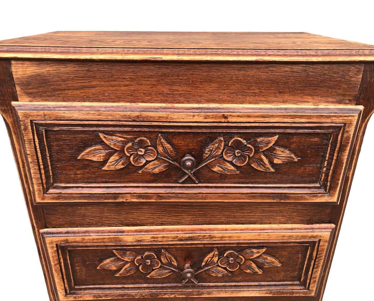 000931....Handsome French Solid Oak Carved Small Chest / Bedside Table ( sold )