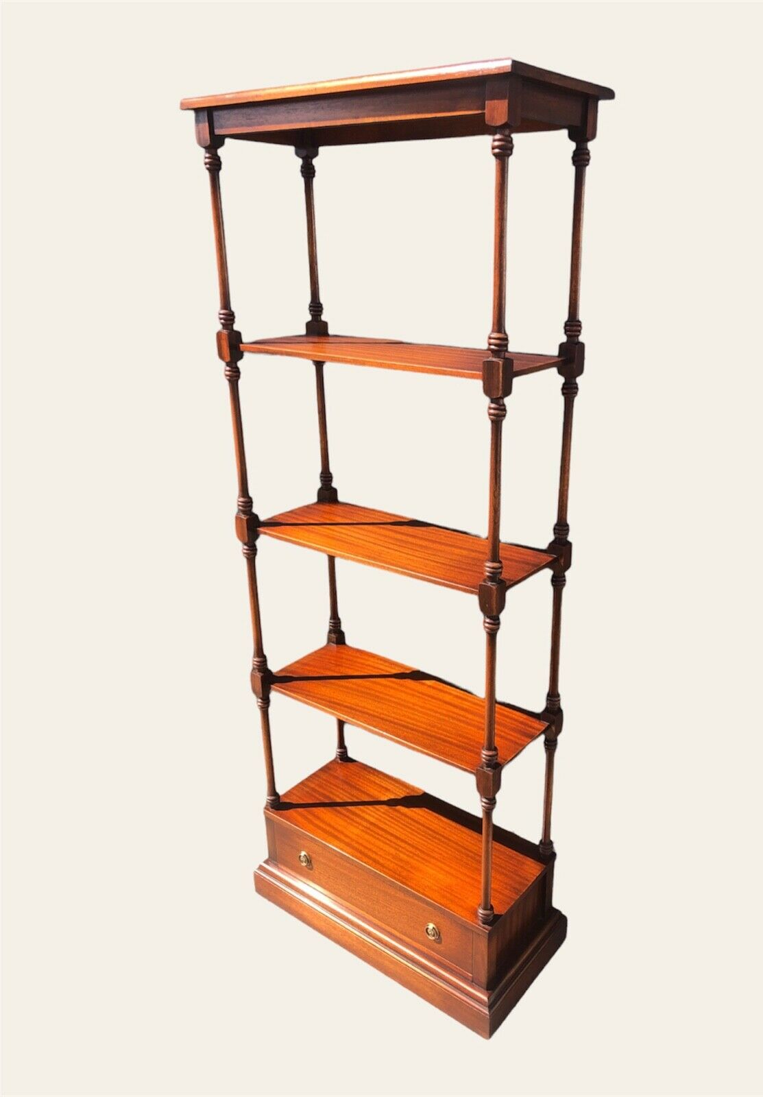 000975.....Vintage Reprodux Mahogany Shelving Unit With Drawer ( sold )