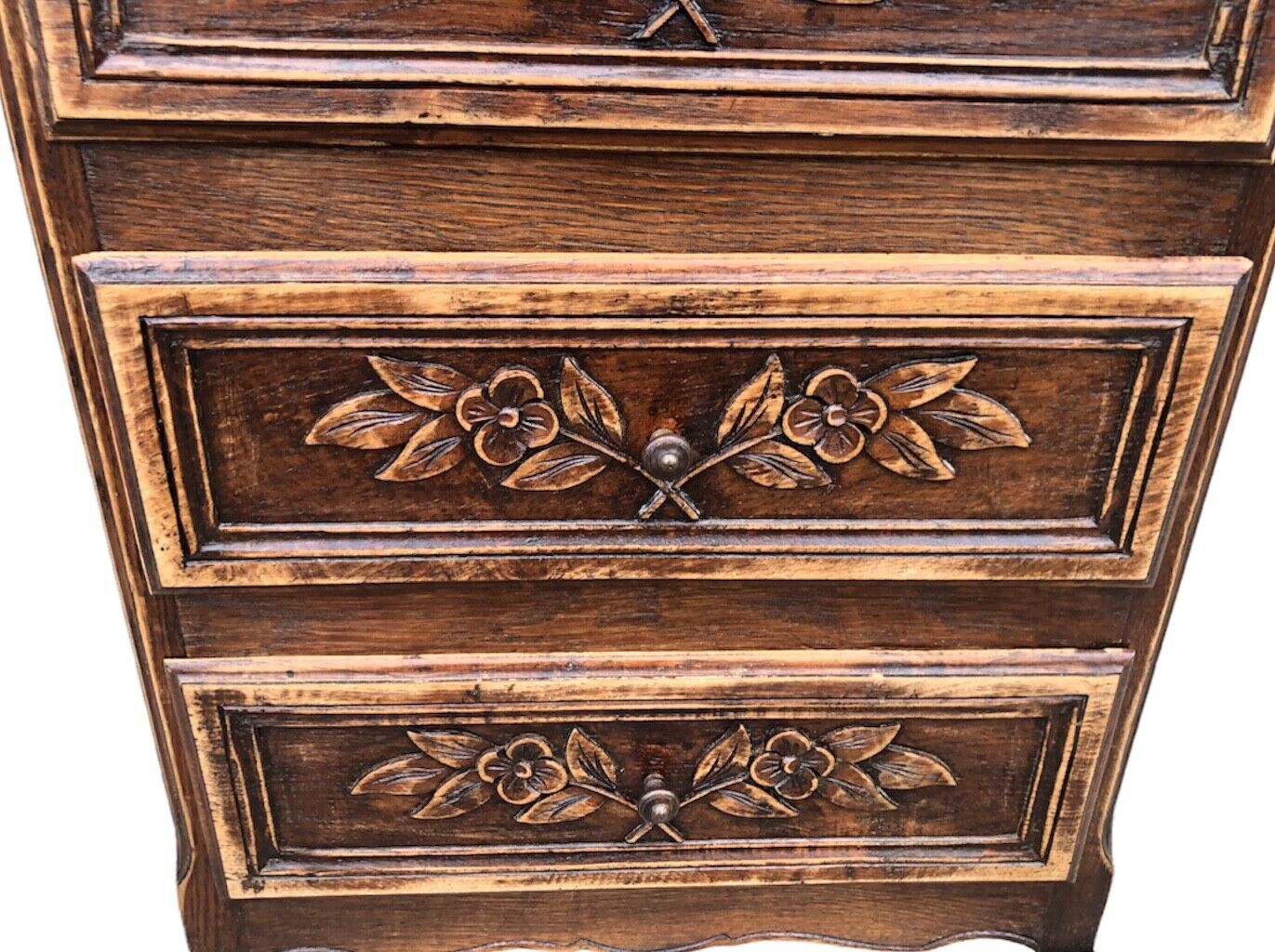 000931....Handsome French Solid Oak Carved Small Chest / Bedside Table ( sold )