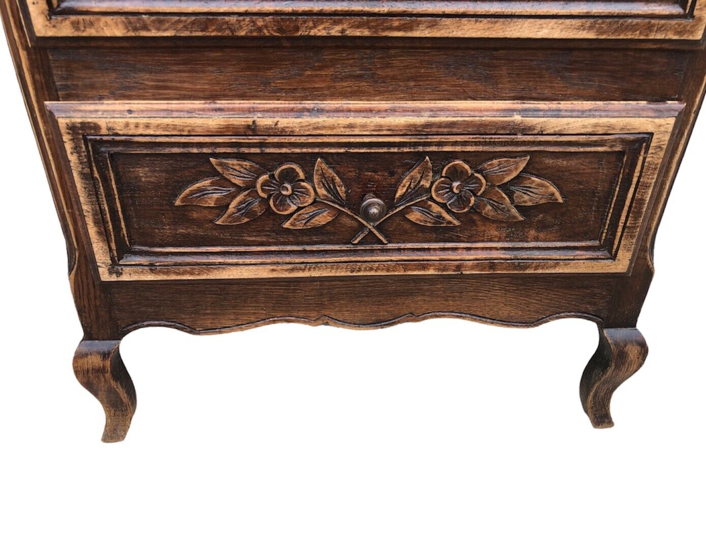 000931....Handsome French Solid Oak Carved Small Chest / Bedside Table ( sold )