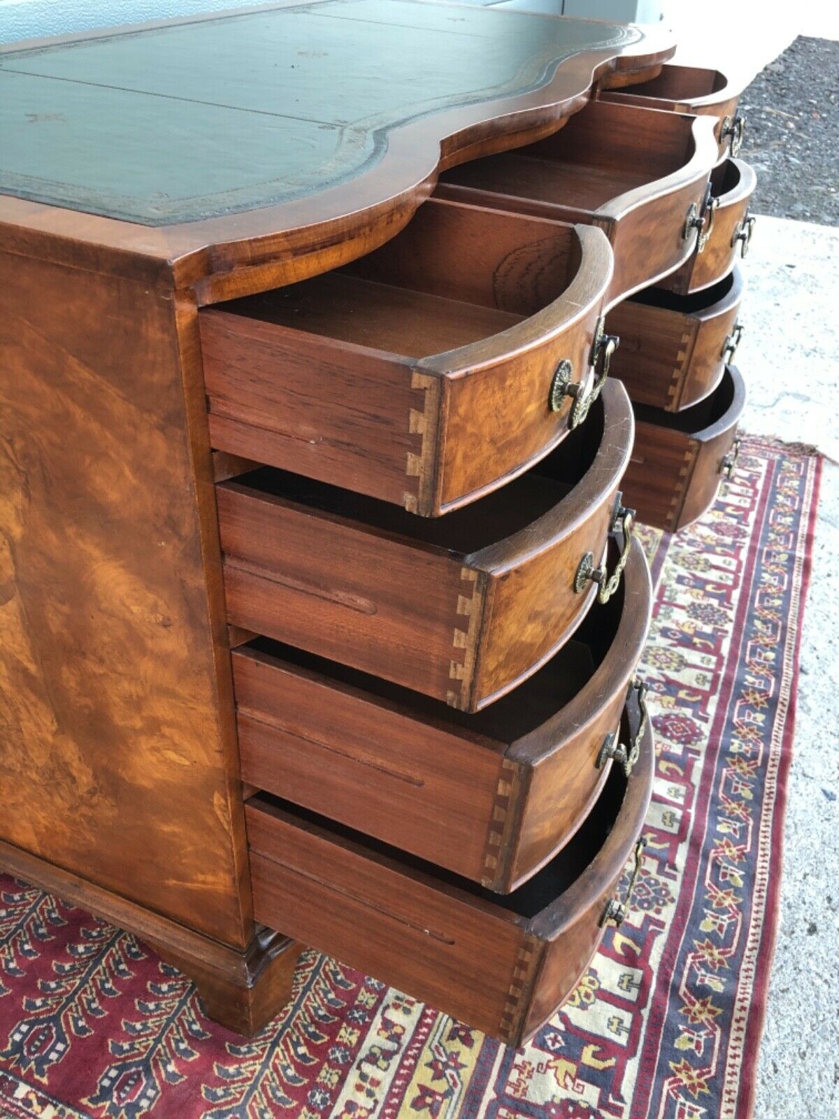 Handsome Vintage Figured Walnut Desk / Reprodux Nine Drawer Desk ( SOLD )