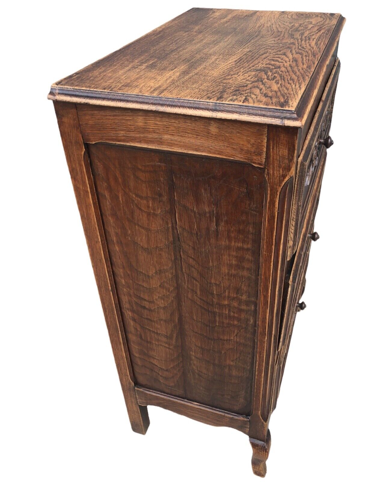 000931....Handsome French Solid Oak Carved Small Chest / Bedside Table ( sold )