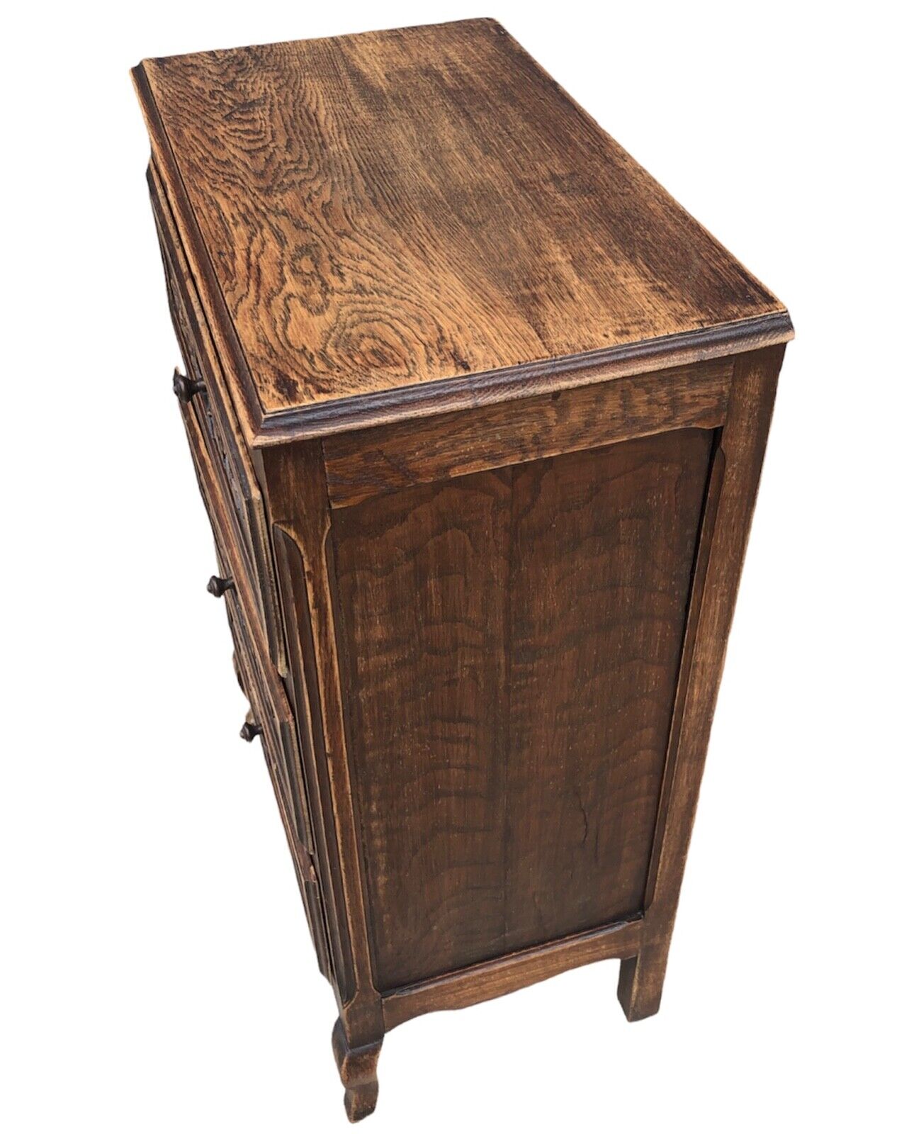 000931....Handsome French Solid Oak Carved Small Chest / Bedside Table ( sold )