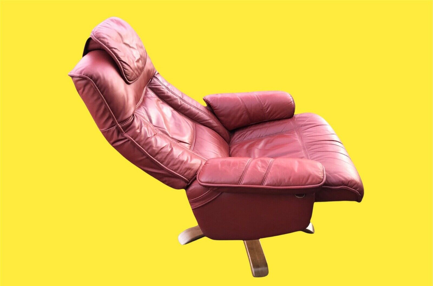 Stunning Pair Of Red Leather Reclining Armchairs With Matching Stools ( SOLD )