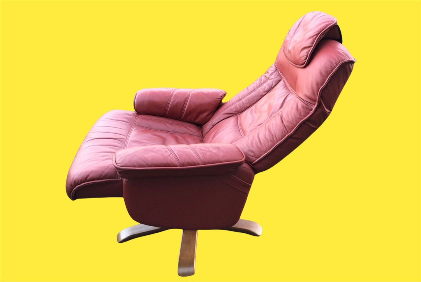 Stunning Pair Of Red Leather Reclining Armchairs With Matching Stools ( SOLD )