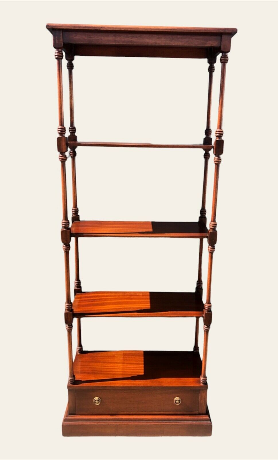000975.....Vintage Reprodux Mahogany Shelving Unit With Drawer ( sold )