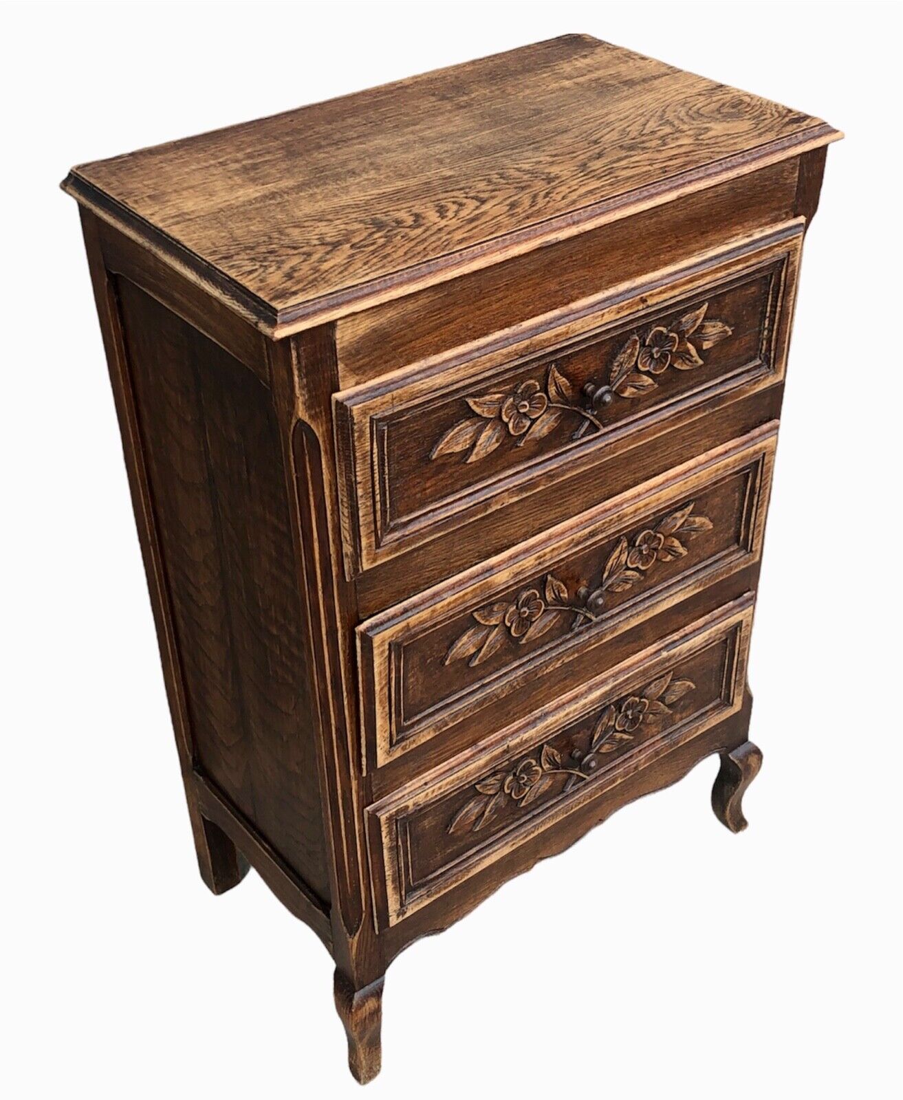 000931....Handsome French Solid Oak Carved Small Chest / Bedside Table ( sold )