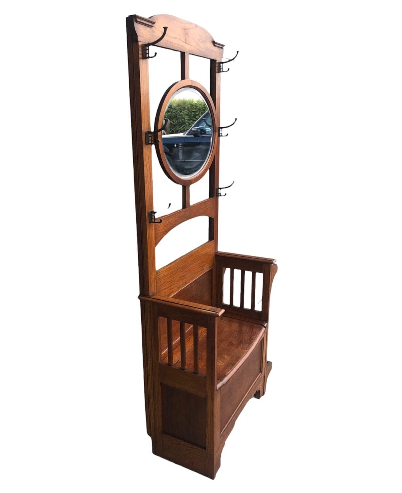 000939....Arts And Crafts Vintage Oak Hall Stand With Lift Up Seat