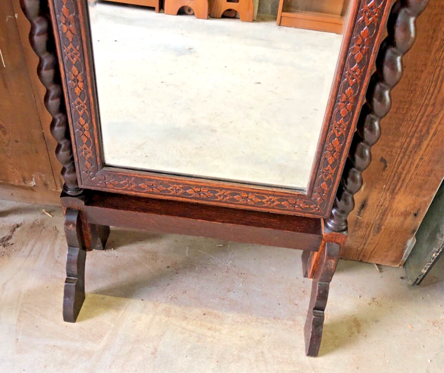 000863....Handsome Vintage Carved Oak Cheval Mirror ( sold )