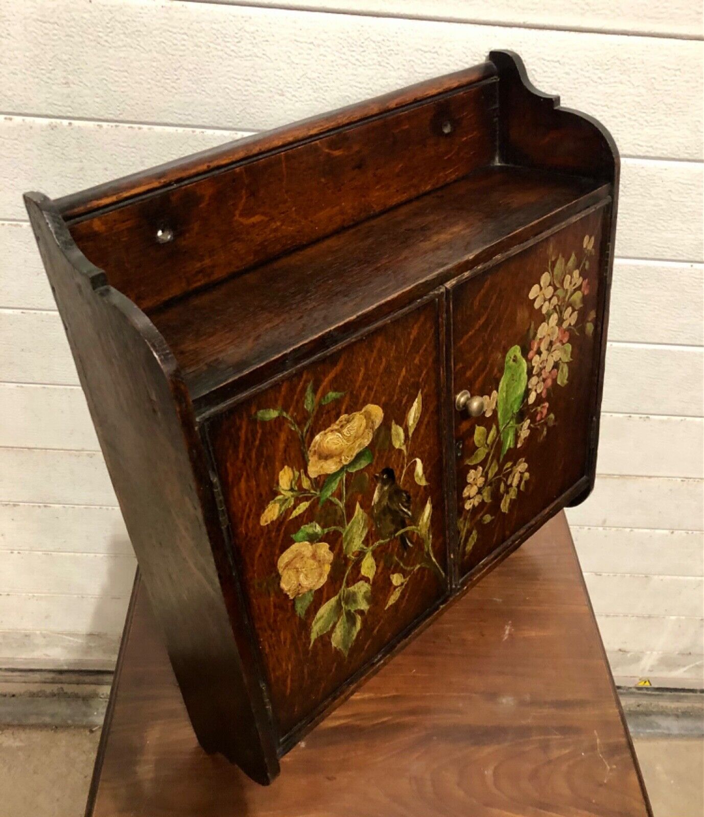 000735....Handsome Edwardian Hand Painted Oak Wall Cabinet ( sold )