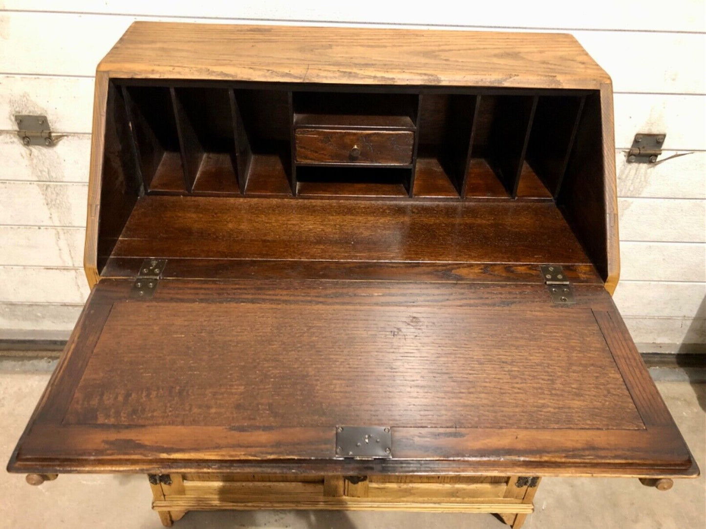 000858....Handsome Vintage Carved Oak Bureau / Writing Desk ( sold )