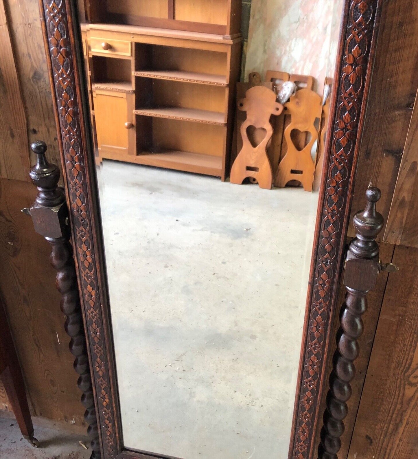 000863....Handsome Vintage Carved Oak Cheval Mirror ( sold )