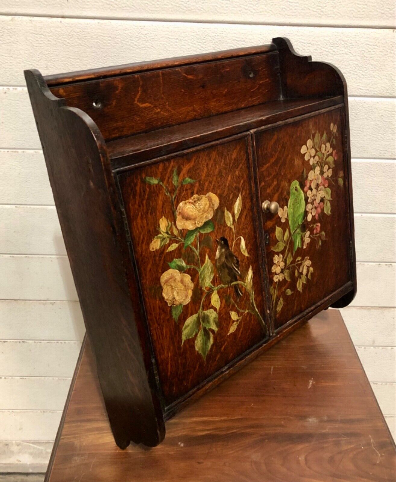 000735....Handsome Edwardian Hand Painted Oak Wall Cabinet ( sold )