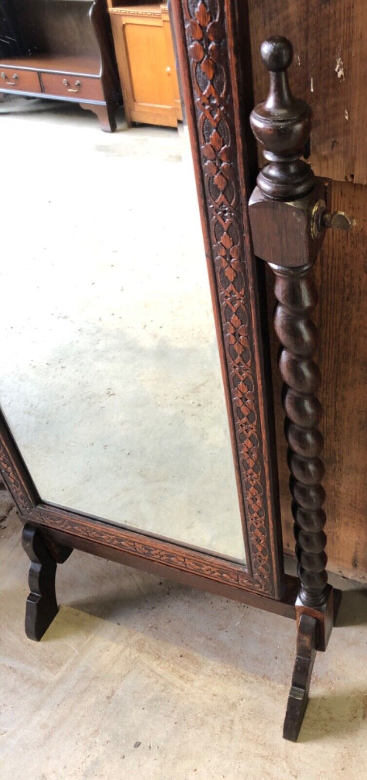 000863....Handsome Vintage Carved Oak Cheval Mirror ( sold )