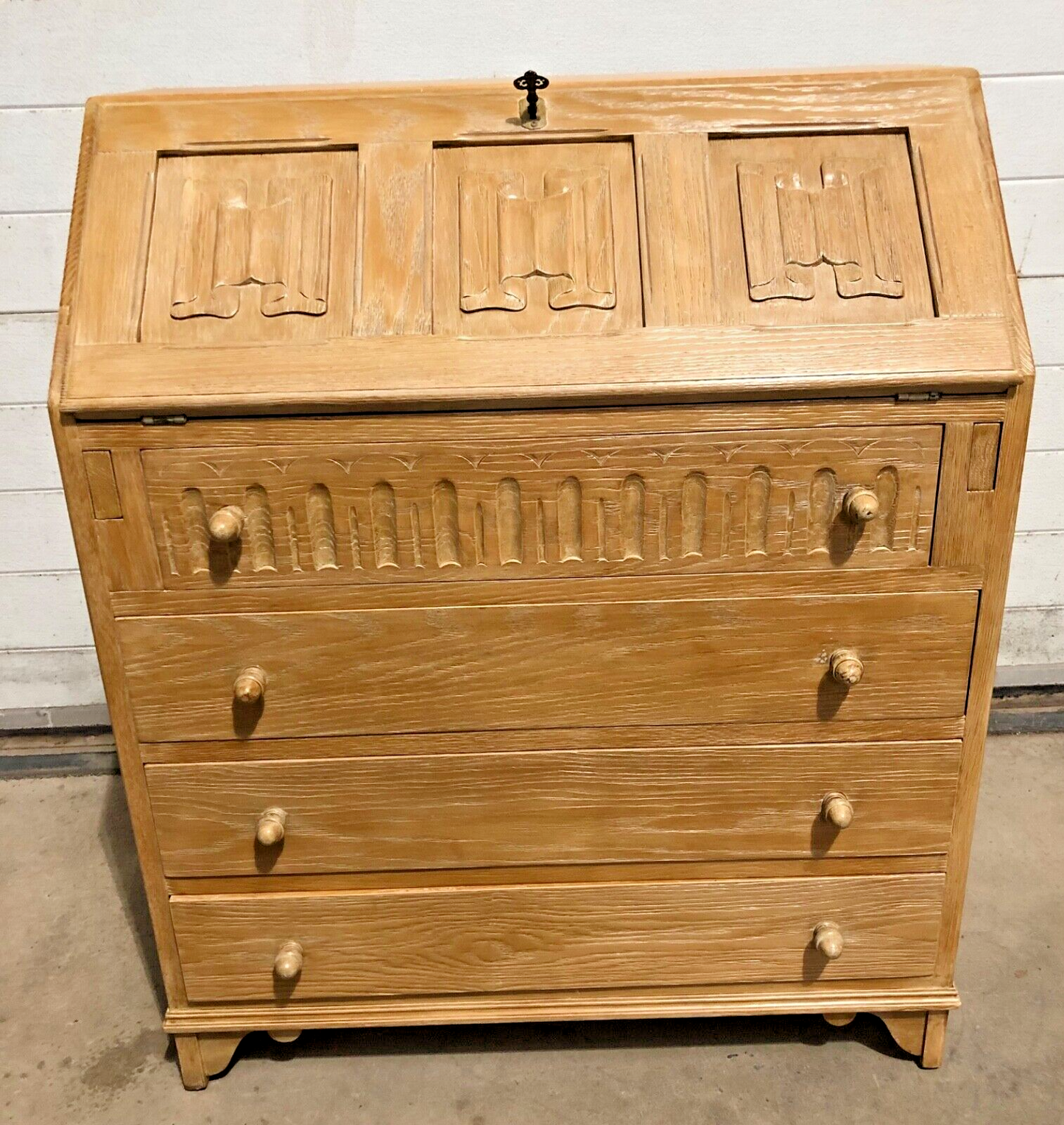 000864....Handsome Vintage Bleached Oak Bureau / Writing Desk ( sold )