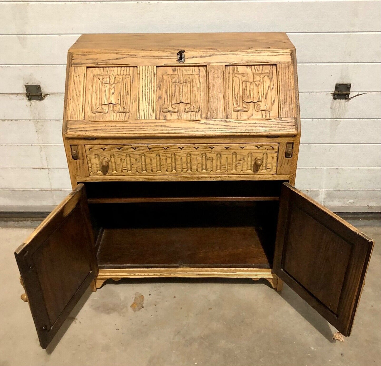 000858....Handsome Vintage Carved Oak Bureau / Writing Desk ( sold )