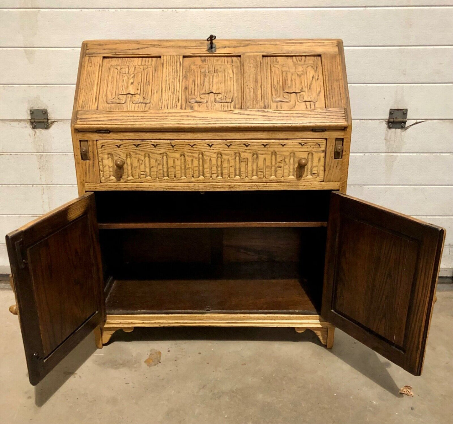 000858....Handsome Vintage Carved Oak Bureau / Writing Desk ( sold )