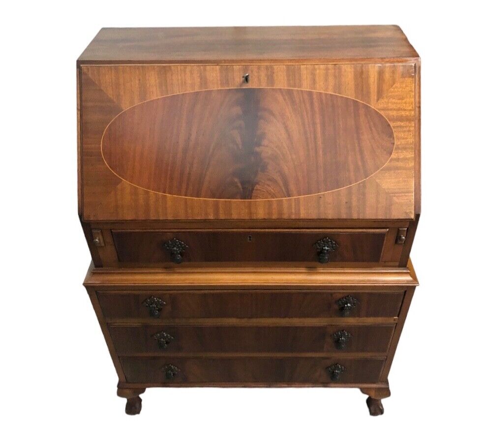000818....Handsome Vintage Flame Mahogany Bureau / Writing Desk