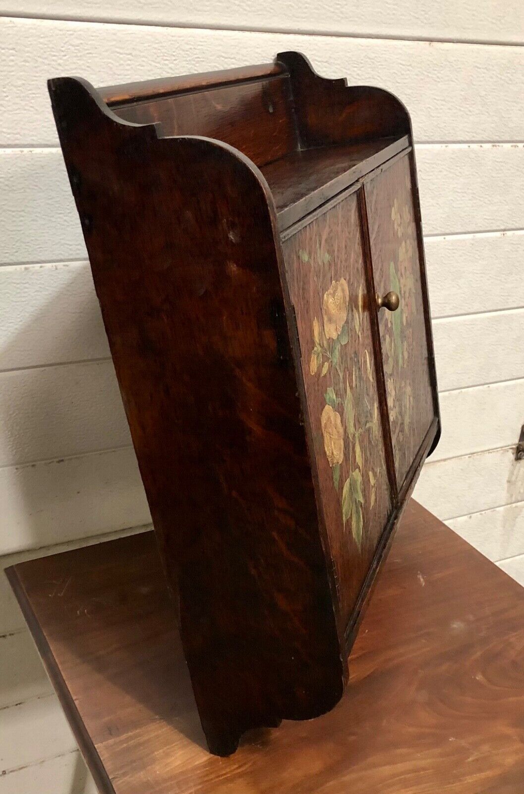 000735....Handsome Edwardian Hand Painted Oak Wall Cabinet ( sold )