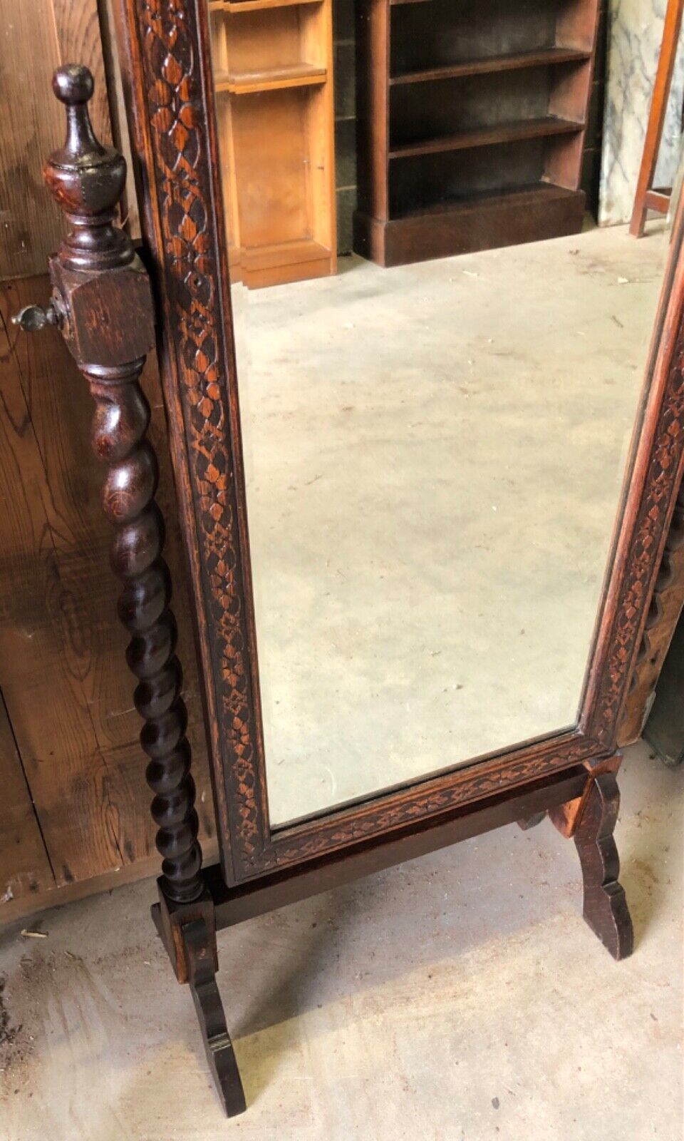 000863....Handsome Vintage Carved Oak Cheval Mirror ( sold )