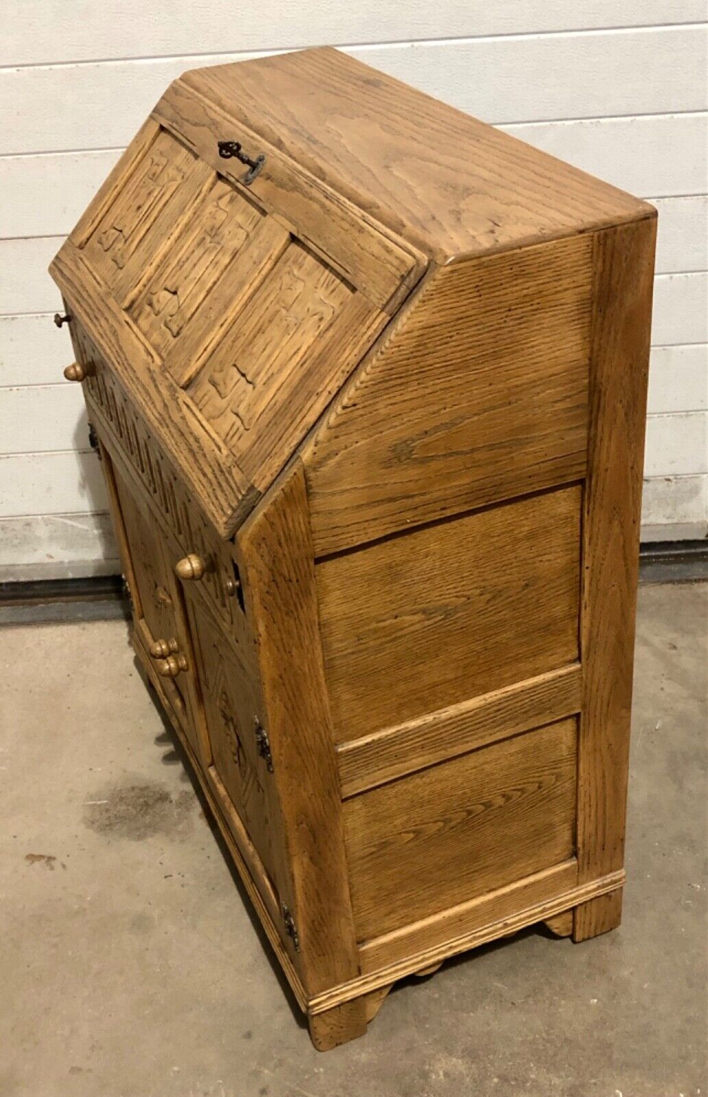 000858....Handsome Vintage Carved Oak Bureau / Writing Desk ( sold )