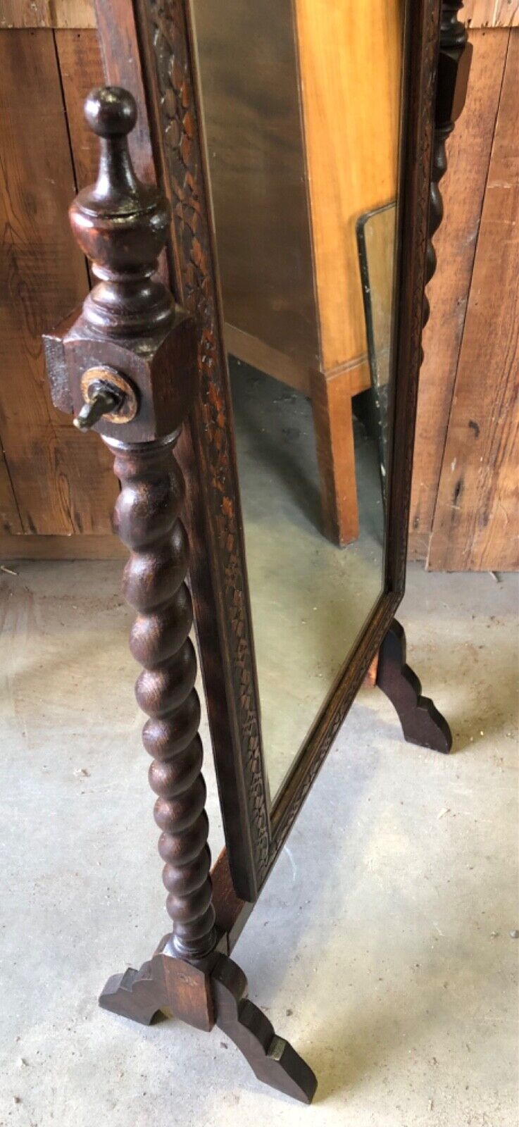 000863....Handsome Vintage Carved Oak Cheval Mirror ( sold )