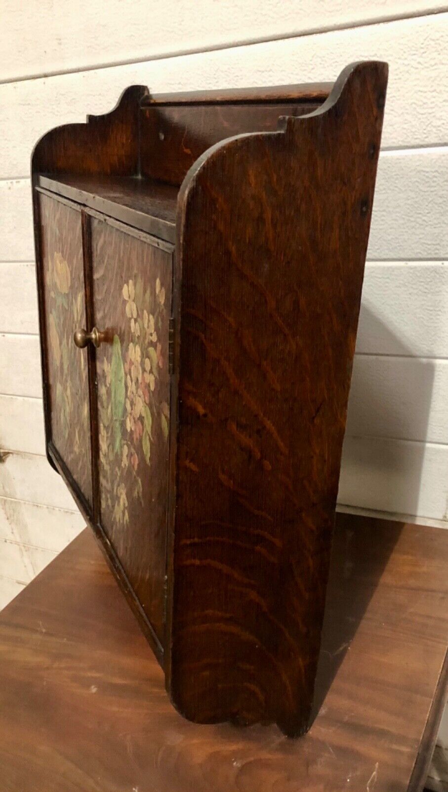 000735....Handsome Edwardian Hand Painted Oak Wall Cabinet ( sold )