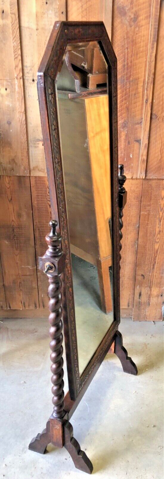 000863....Handsome Vintage Carved Oak Cheval Mirror ( sold )