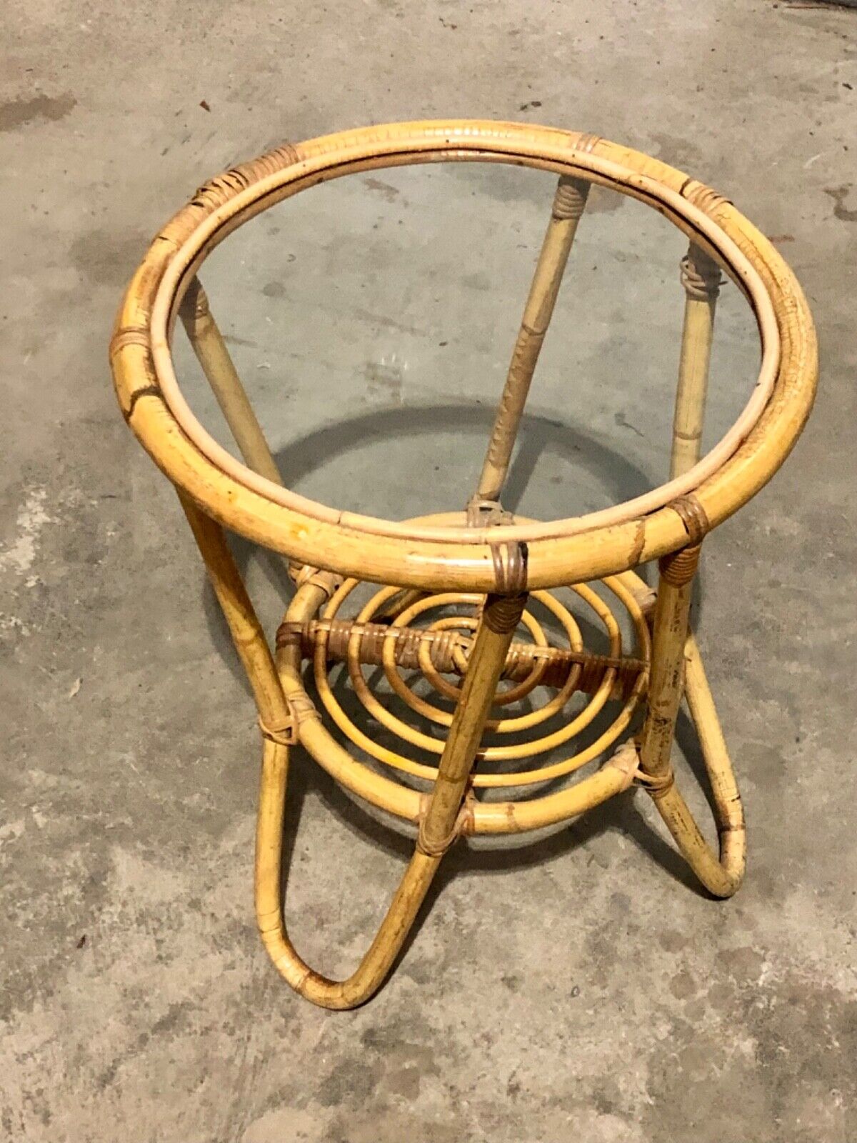 000782....Pair Of Vintage Bamboo Round Coffee Tables / Occasional Tables