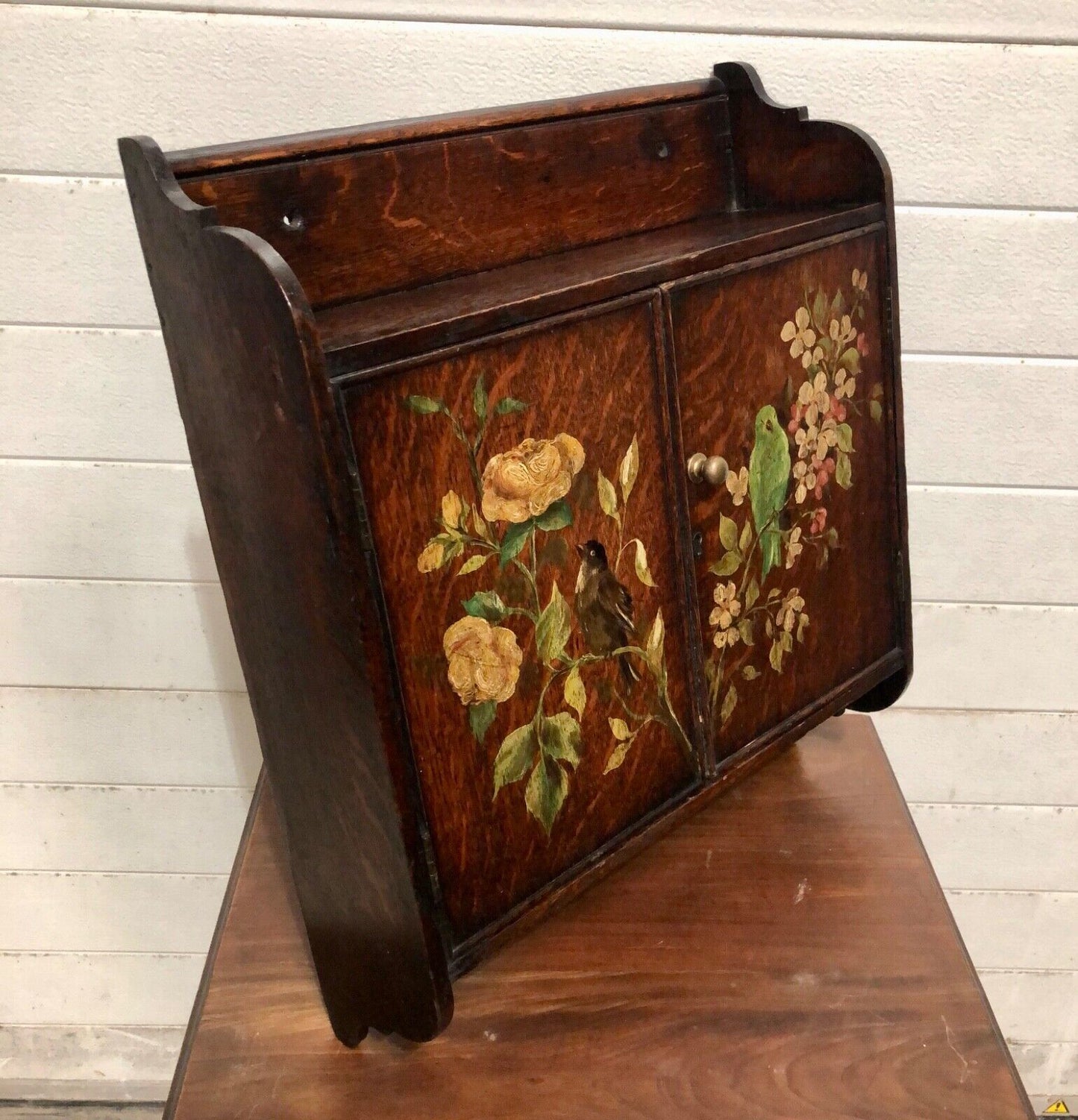 000735....Handsome Edwardian Hand Painted Oak Wall Cabinet ( sold )