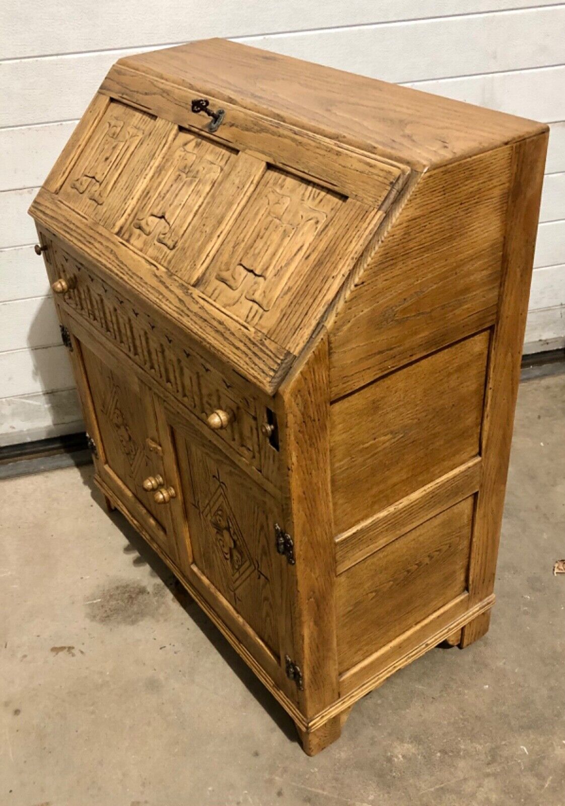 000858....Handsome Vintage Carved Oak Bureau / Writing Desk ( sold )