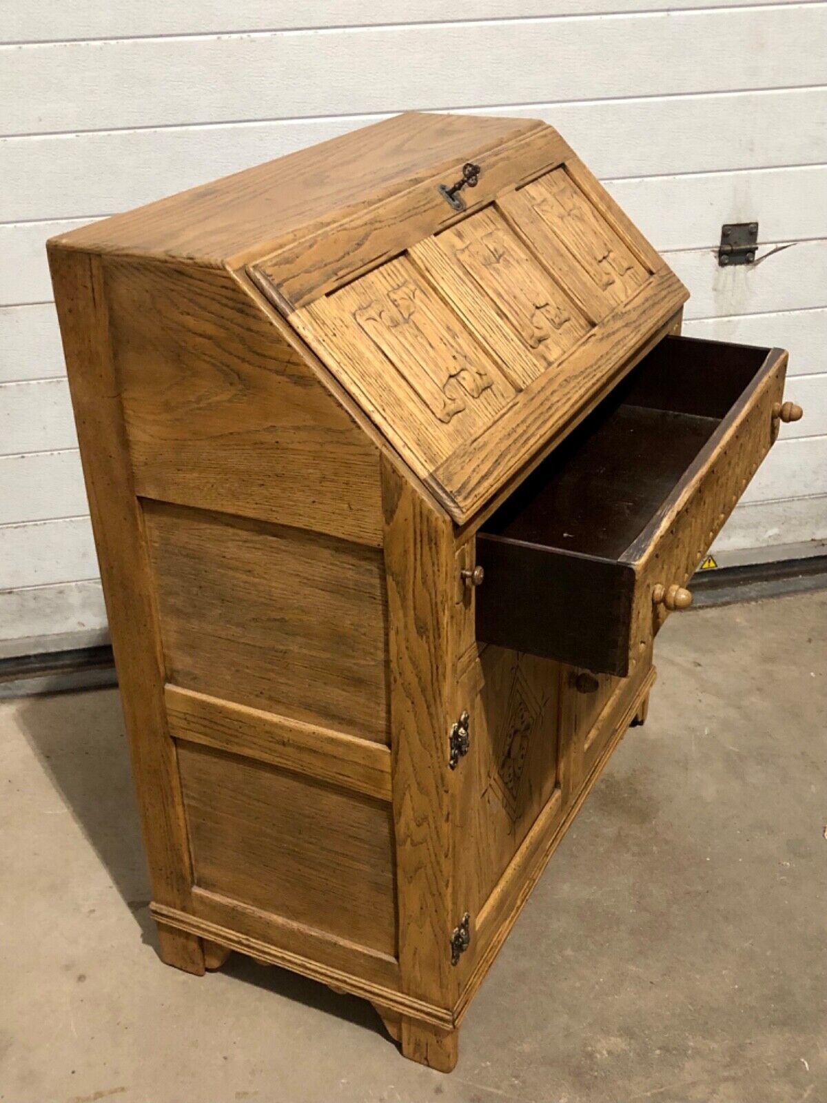 000858....Handsome Vintage Carved Oak Bureau / Writing Desk ( sold )