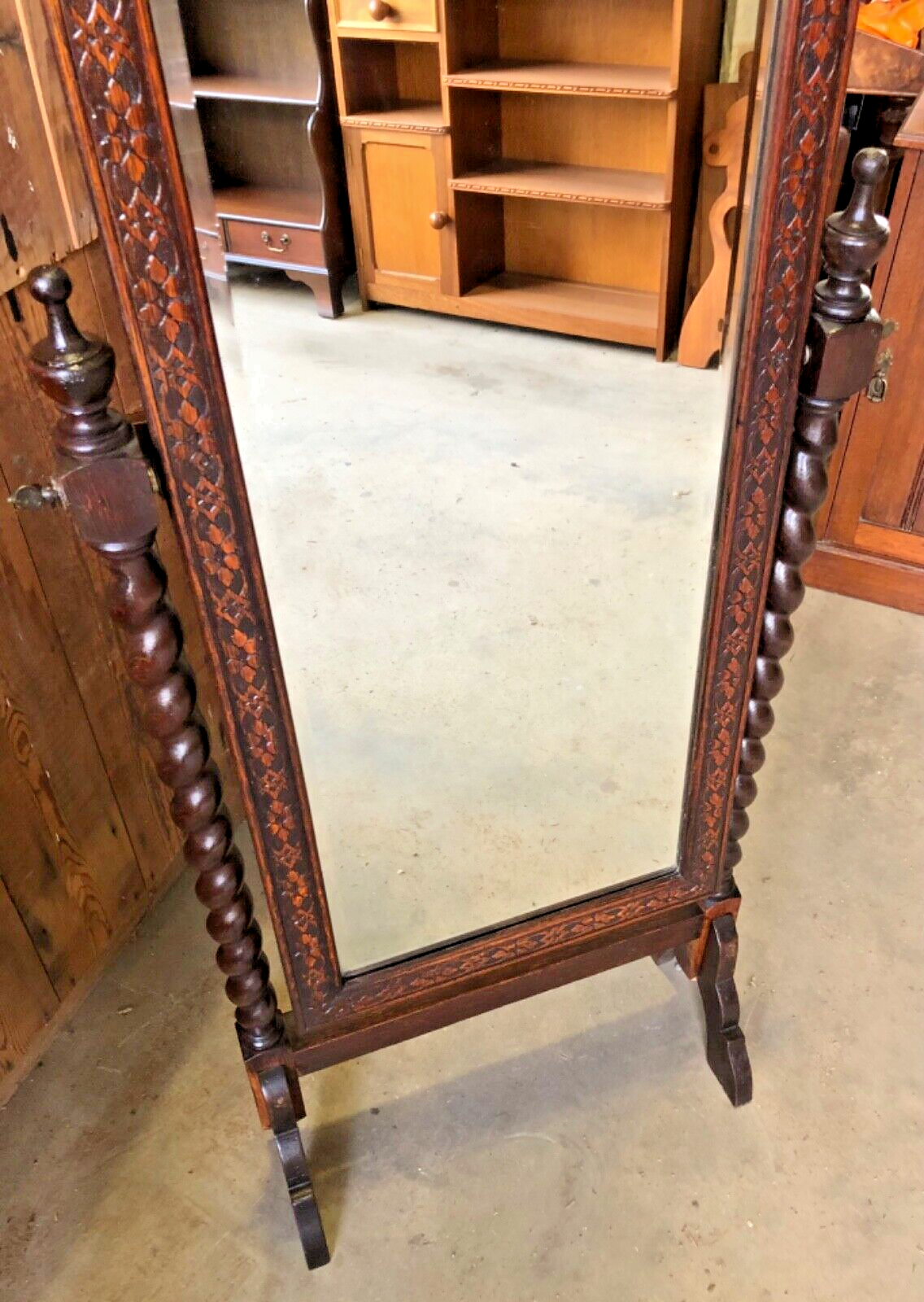 000863....Handsome Vintage Carved Oak Cheval Mirror ( sold )