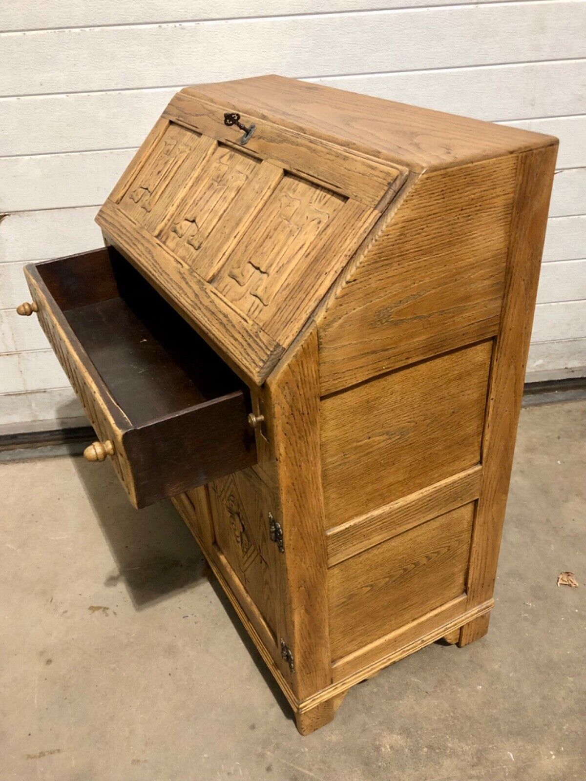 000858....Handsome Vintage Carved Oak Bureau / Writing Desk ( sold )