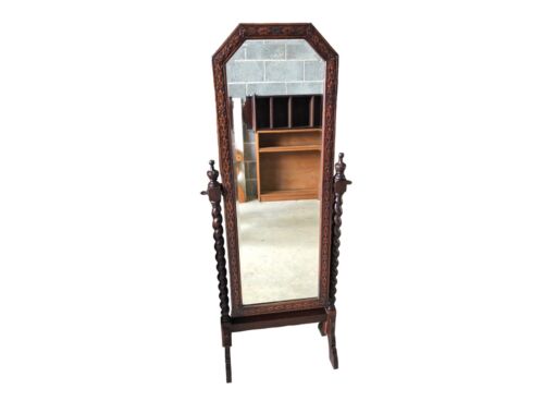 000863....Handsome Vintage Carved Oak Cheval Mirror ( sold )