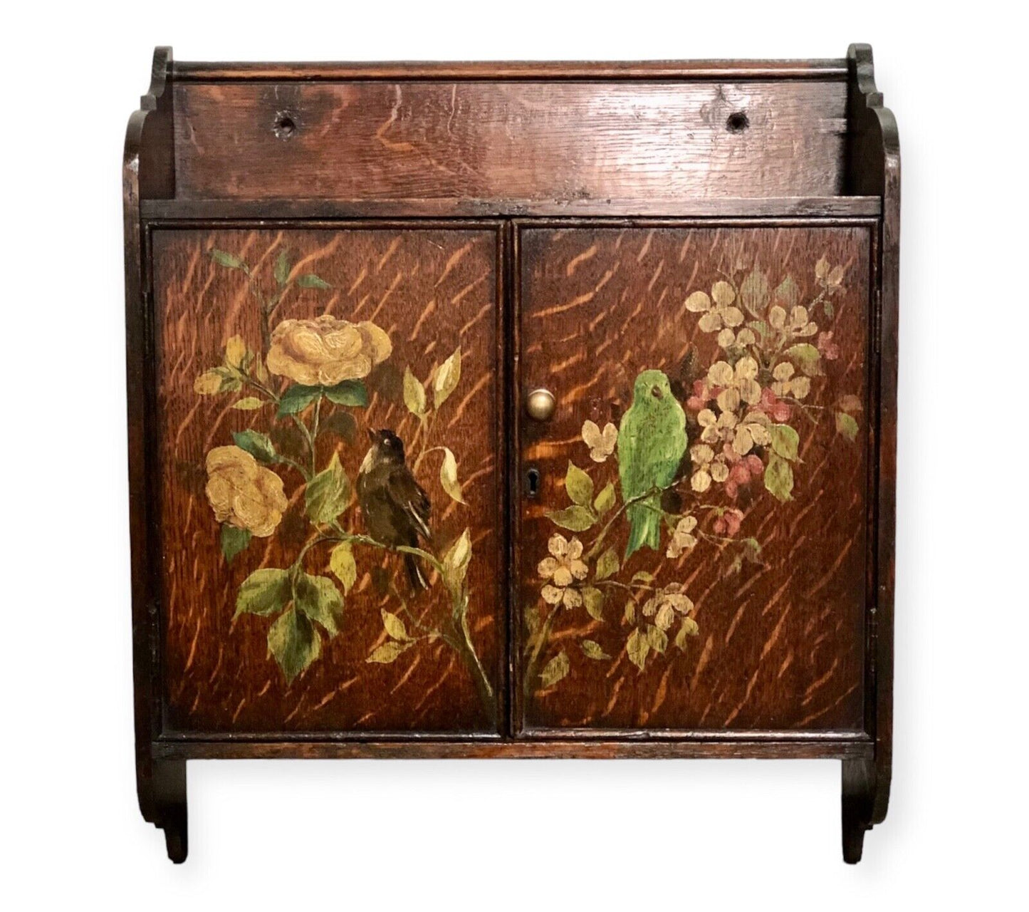 000735....Handsome Edwardian Hand Painted Oak Wall Cabinet ( sold )