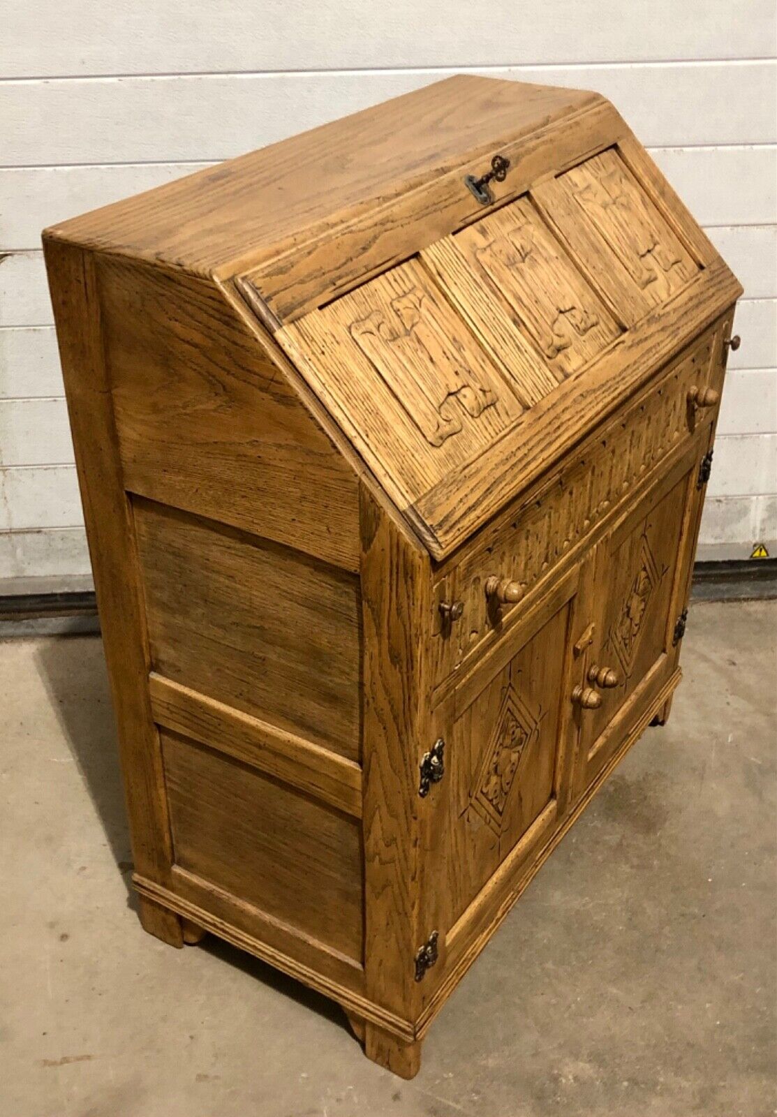 000858....Handsome Vintage Carved Oak Bureau / Writing Desk ( sold )